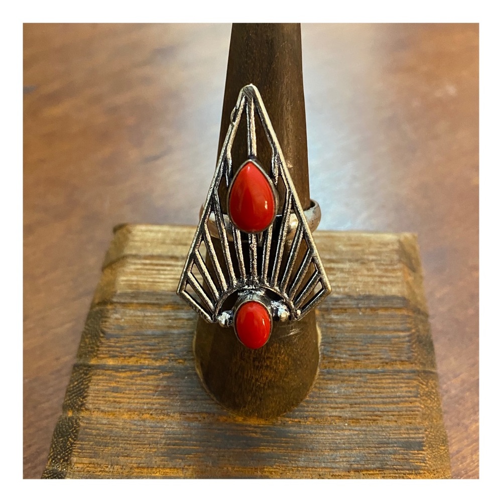 Bohemian Red Coral 925 Silver Plated Ring, Size 7.25, NEW, Lab Made Coral
